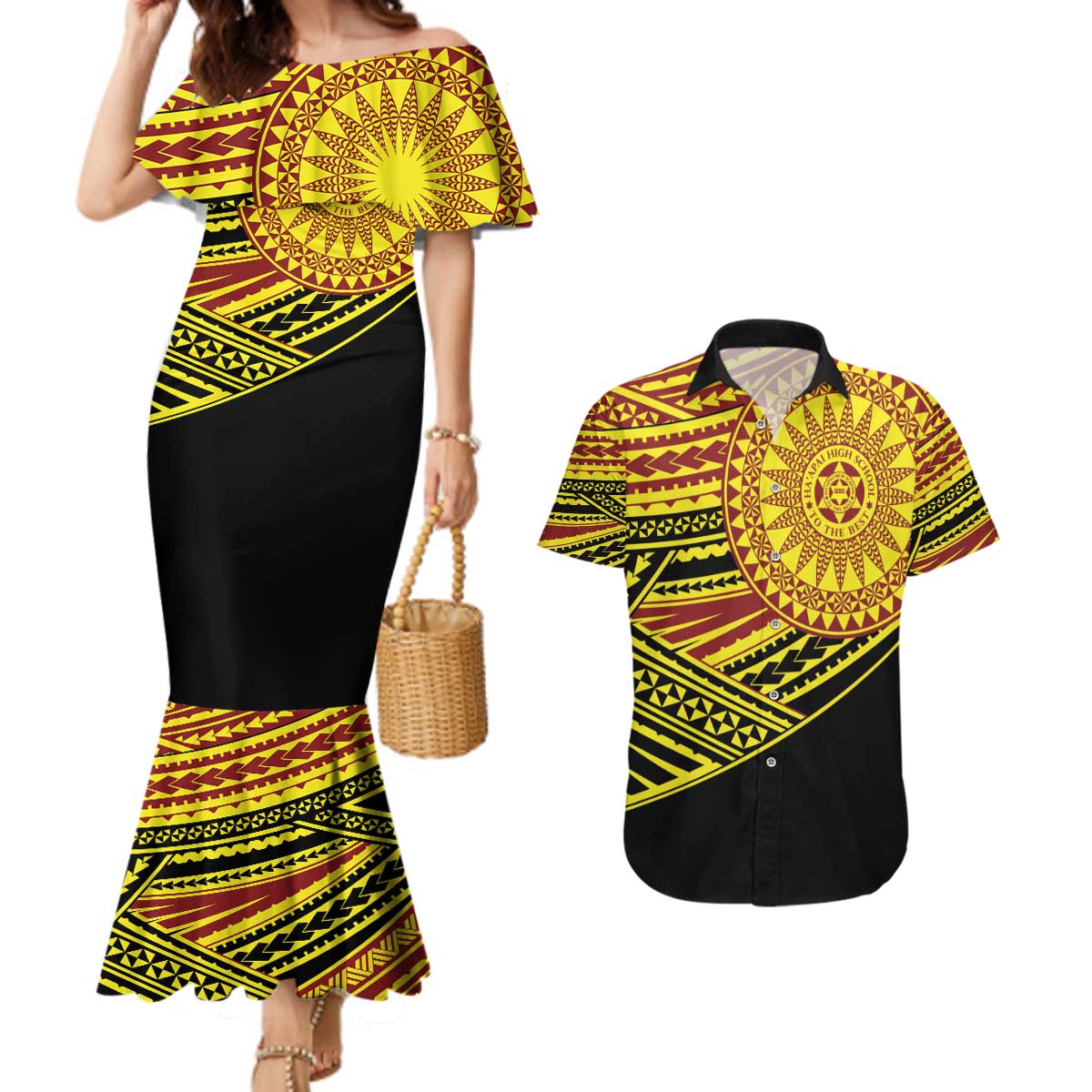 Personalised Tonga Ha apai High School Couples Matching Mermaid Dress and Hawaiian Shirt Ngatu Fonulei Pattern LT9 Gold - Polynesian Pride
