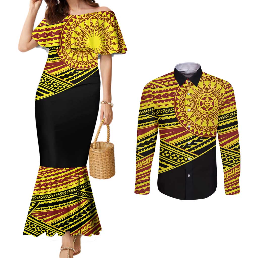 Personalised Tonga Ha apai High School Couples Matching Mermaid Dress and Long Sleeve Button Shirt Ngatu Fonulei Pattern LT9 Gold - Polynesian Pride