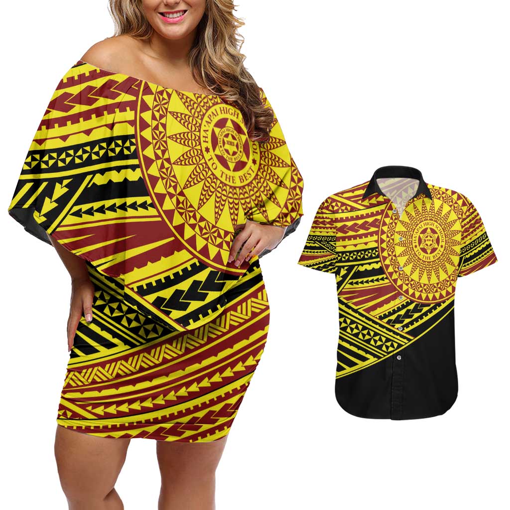 Personalised Tonga Ha apai High School Couples Matching Off Shoulder Short Dress and Hawaiian Shirt Ngatu Fonulei Pattern