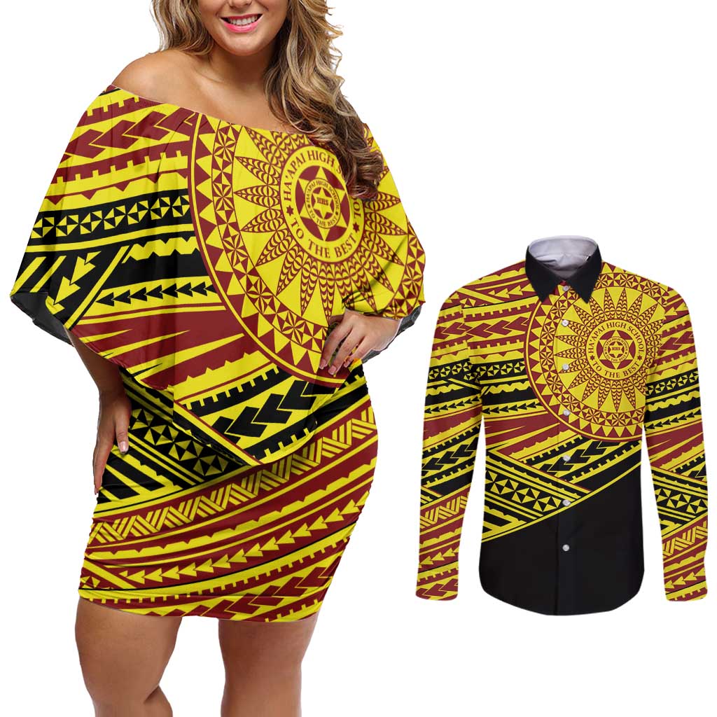Personalised Tonga Ha apai High School Couples Matching Off Shoulder Short Dress and Long Sleeve Button Shirt Ngatu Fonulei Pattern