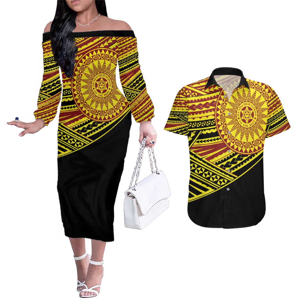 Personalised Tonga Ha apai High School Couples Matching Off The Shoulder Long Sleeve Dress and Hawaiian Shirt Ngatu Fonulei Pattern LT9 Gold - Polynesian Pride