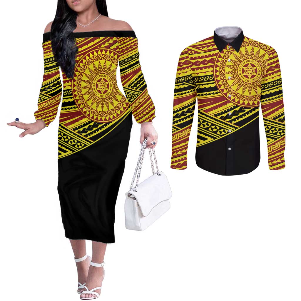 Personalised Tonga Ha apai High School Couples Matching Off The Shoulder Long Sleeve Dress and Long Sleeve Button Shirt Ngatu Fonulei Pattern LT9 Gold - Polynesian Pride