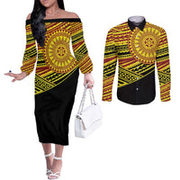 Personalised Tonga Ha apai High School Couples Matching Off The Shoulder Long Sleeve Dress and Long Sleeve Button Shirt Ngatu Fonulei Pattern LT9 Gold - Polynesian Pride