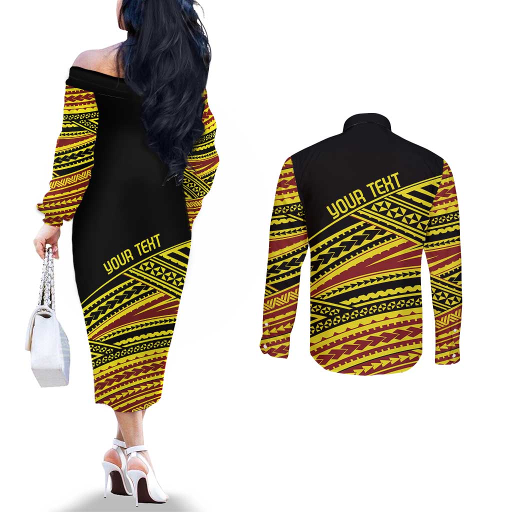Personalised Tonga Ha apai High School Couples Matching Off The Shoulder Long Sleeve Dress and Long Sleeve Button Shirt Ngatu Fonulei Pattern LT9 - Polynesian Pride