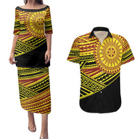 Personalised Tonga Ha apai High School Couples Matching Puletasi and Hawaiian Shirt Ngatu Fonulei Pattern LT9 Gold - Polynesian Pride