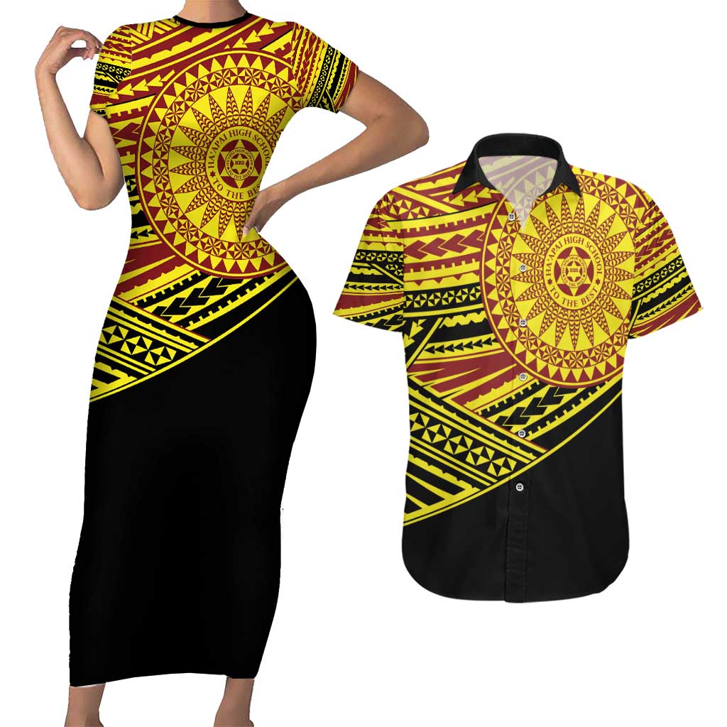 Personalised Tonga Ha apai High School Couples Matching Short Sleeve Bodycon Dress and Hawaiian Shirt Ngatu Fonulei Pattern LT9 Gold - Polynesian Pride