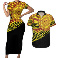 Personalised Tonga Ha apai High School Couples Matching Short Sleeve Bodycon Dress and Hawaiian Shirt Ngatu Fonulei Pattern LT9 Gold - Polynesian Pride