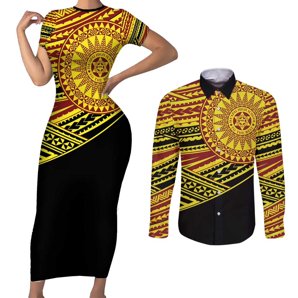 Personalised Tonga Ha apai High School Couples Matching Short Sleeve Bodycon Dress and Long Sleeve Button Shirt Ngatu Fonulei Pattern LT9 Gold - Polynesian Pride