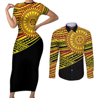 Personalised Tonga Ha apai High School Couples Matching Short Sleeve Bodycon Dress and Long Sleeve Button Shirt Ngatu Fonulei Pattern LT9 Gold - Polynesian Pride