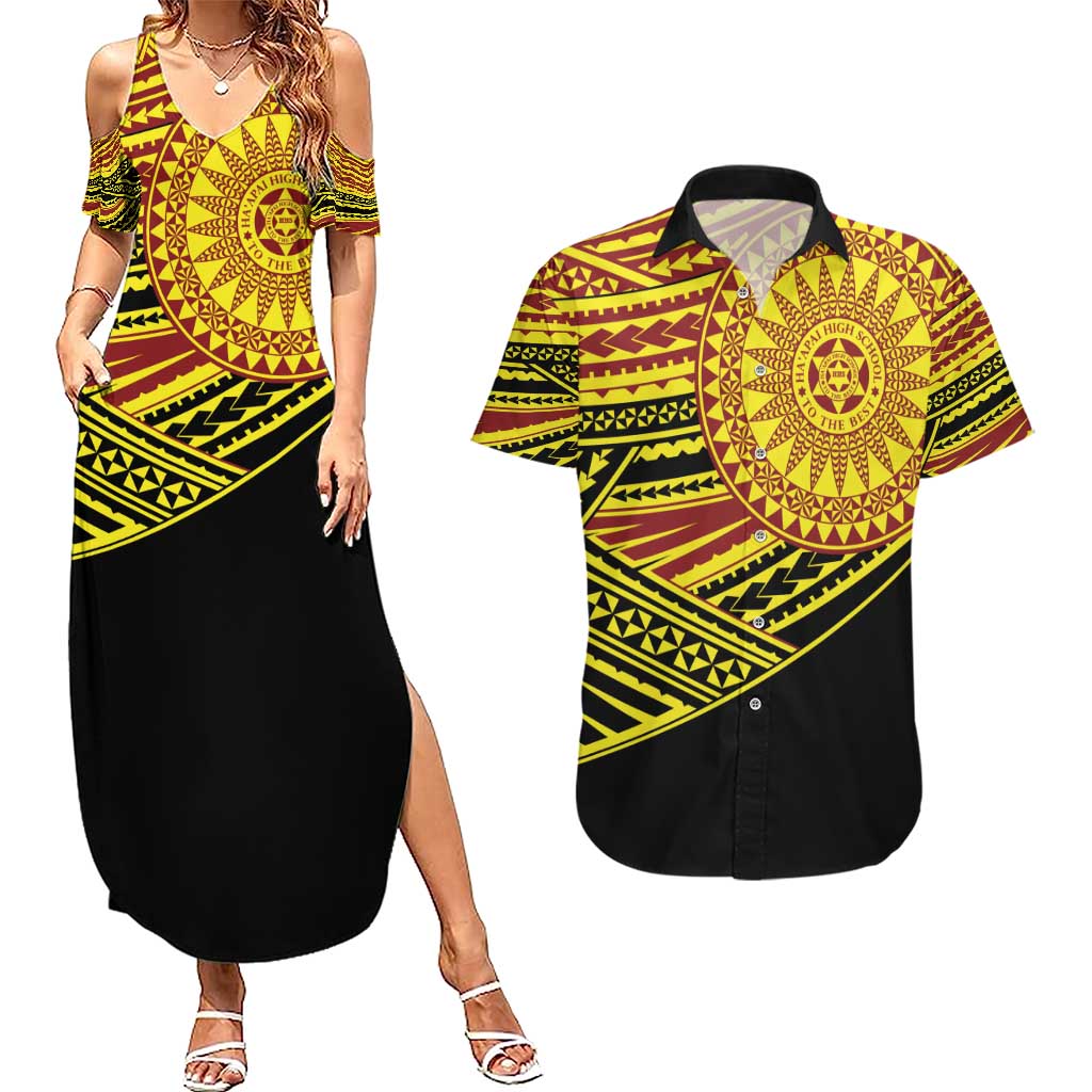 Personalised Tonga Ha apai High School Couples Matching Summer Maxi Dress and Hawaiian Shirt Ngatu Fonulei Pattern LT9 Gold - Polynesian Pride
