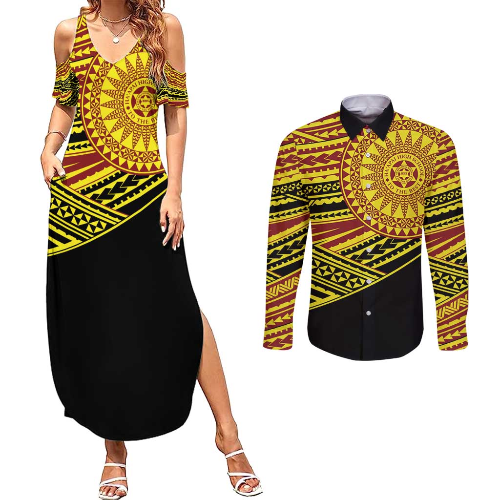Personalised Tonga Ha apai High School Couples Matching Summer Maxi Dress and Long Sleeve Button Shirt Ngatu Fonulei Pattern LT9 Gold - Polynesian Pride