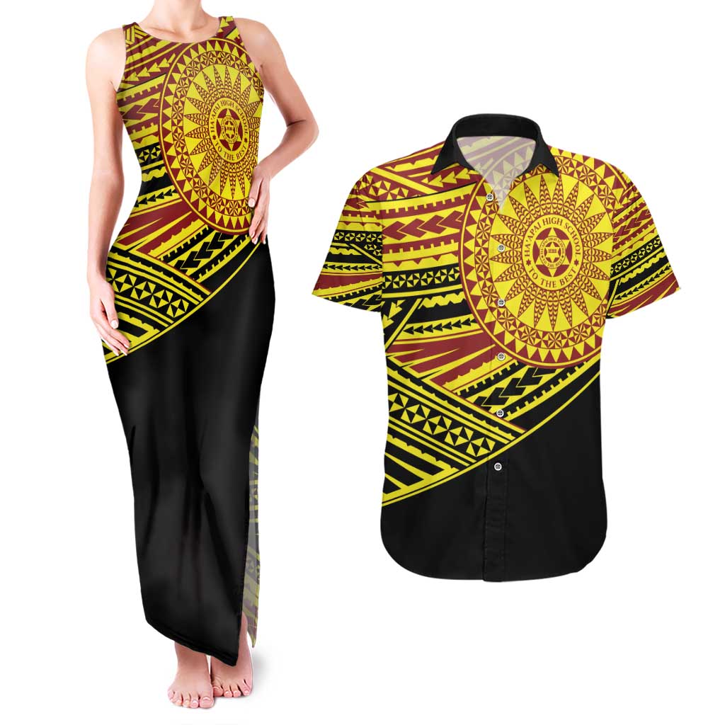 Personalised Tonga Ha apai High School Couples Matching Tank Maxi Dress and Hawaiian Shirt Ngatu Fonulei Pattern LT9 Gold - Polynesian Pride