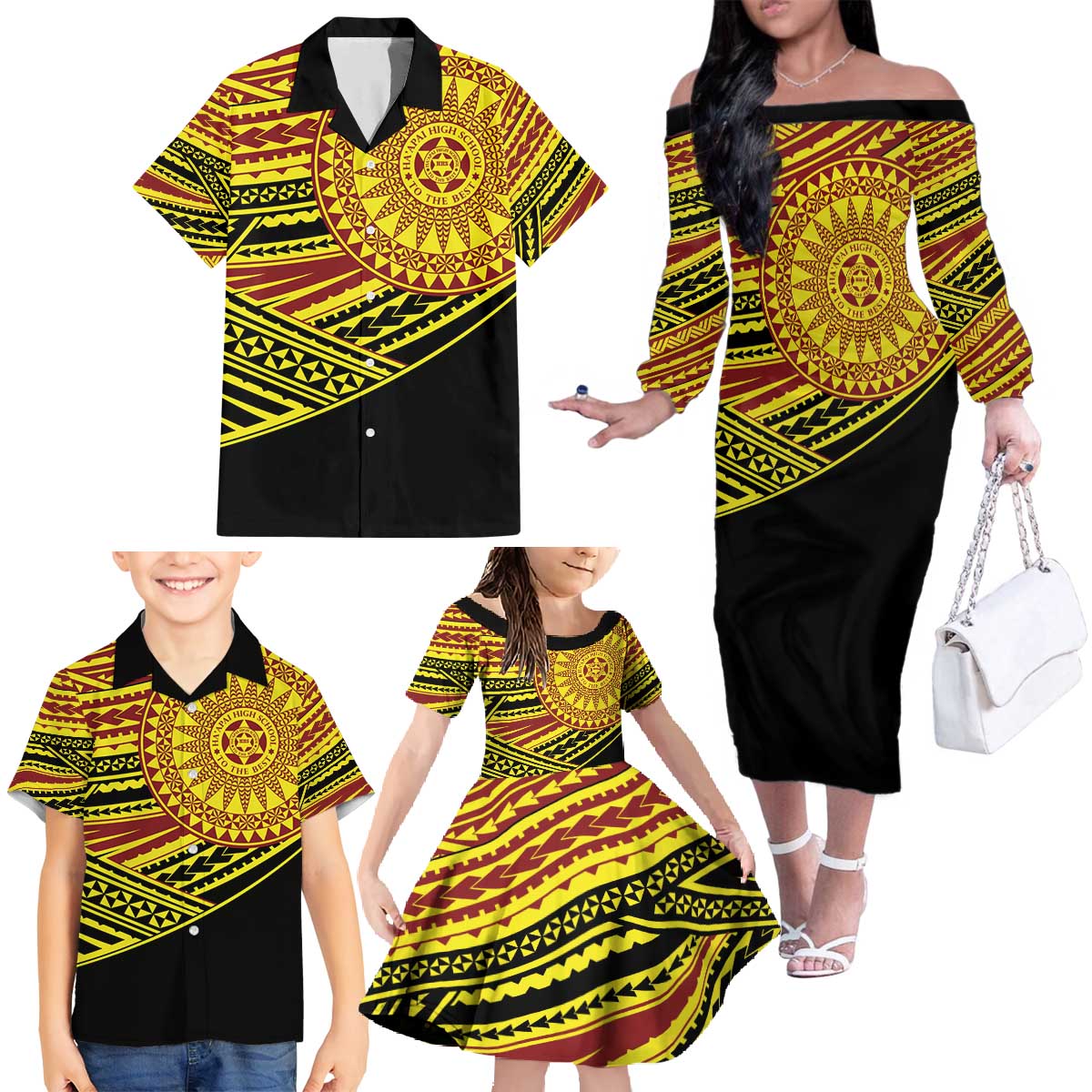 Personalised Tonga Ha apai High School Family Matching Off The Shoulder Long Sleeve Dress and Hawaiian Shirt Ngatu Fonulei Pattern