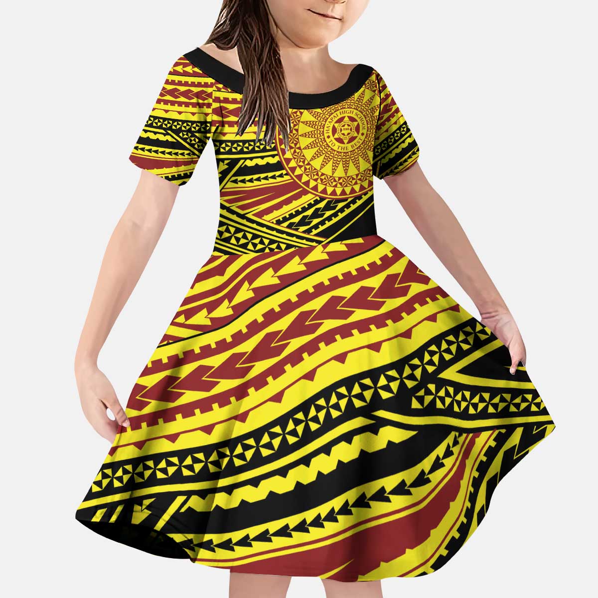 Personalised Tonga Ha apai High School Kid Short Sleeve Dress Ngatu Fonulei Pattern LT9 KID Gold - Polynesian Pride