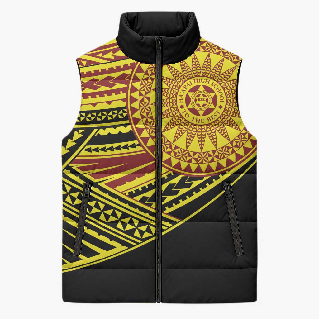 Personalised Tonga Ha apai High School Sleeveless Puffer Jacket Ngatu Fonulei Pattern LT9 Unisex Gold - Polynesian Pride