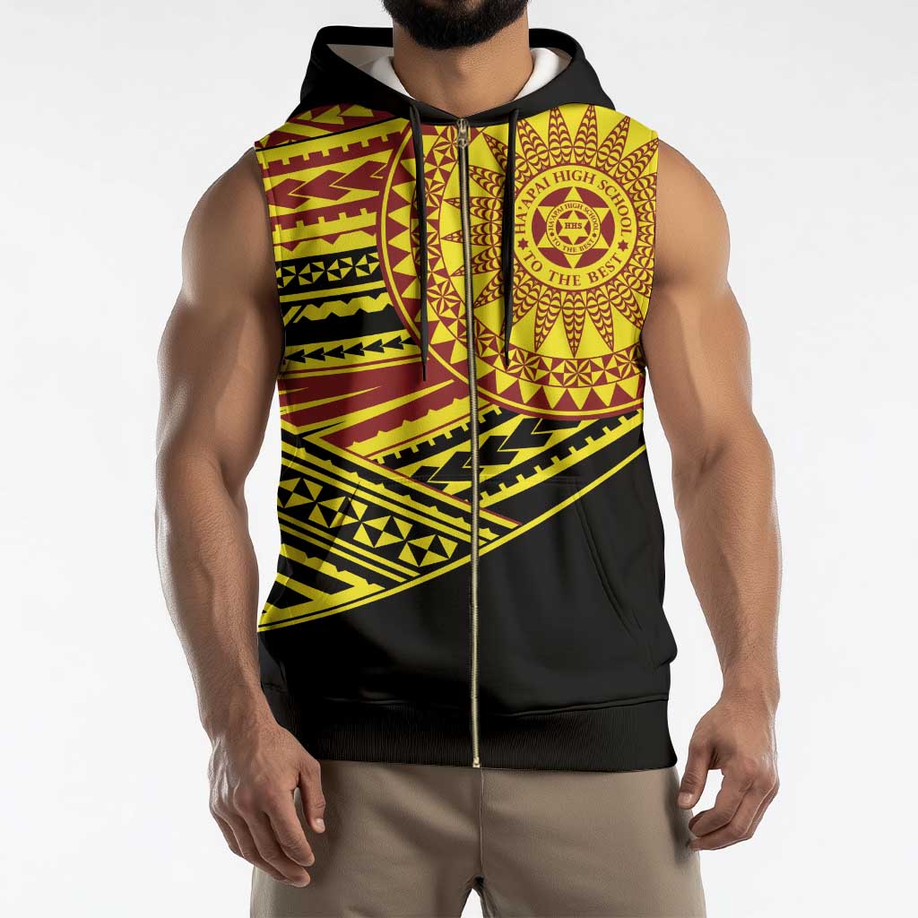 Personalised Tonga Ha apai High School Sleeveless Zip Hoodie Ngatu Fonulei Pattern - Polynesian Pride