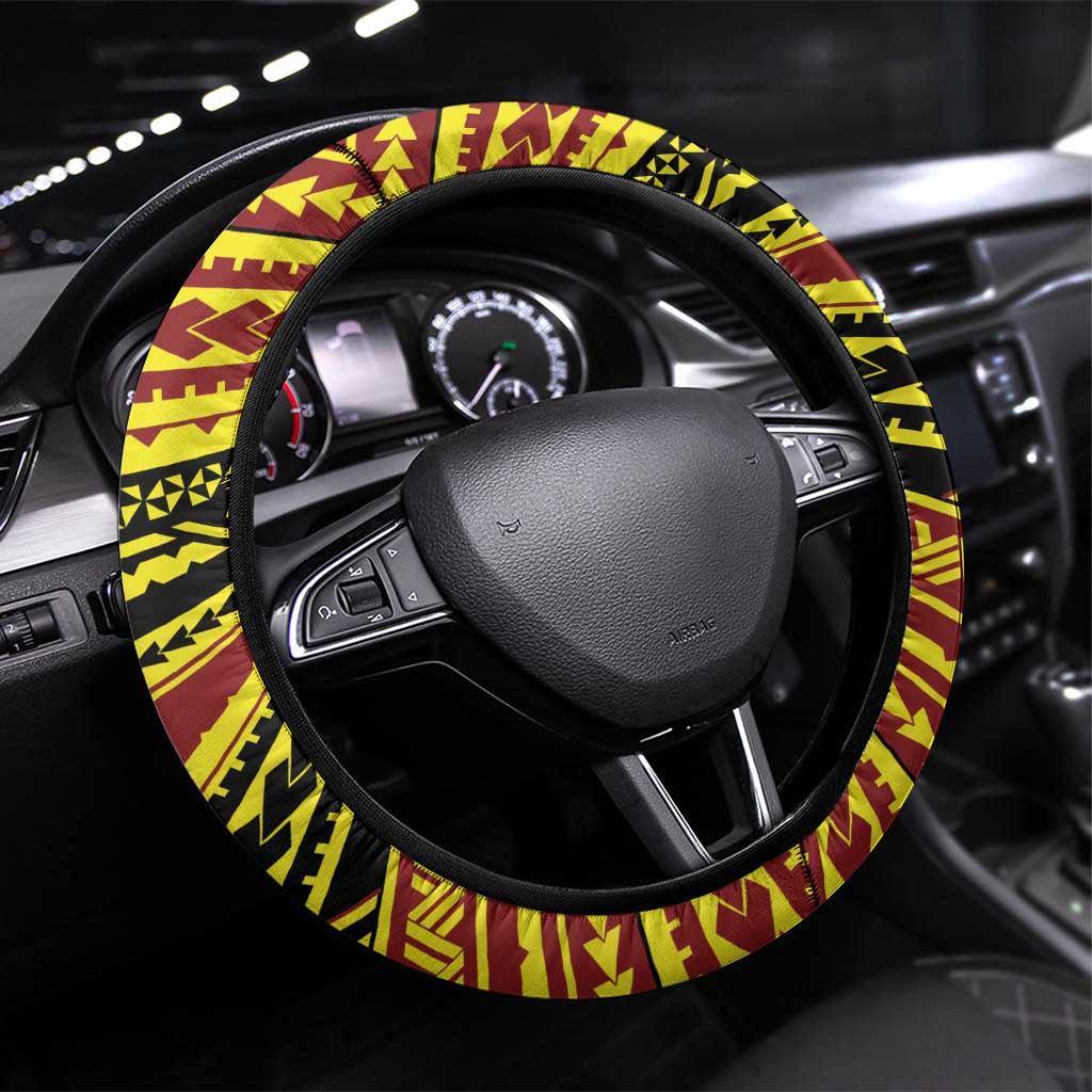 Tonga Ha apai High School Steering Wheel Cover Ngatu Fonulei Pattern LT9 Universal Fit Gold - Polynesian Pride