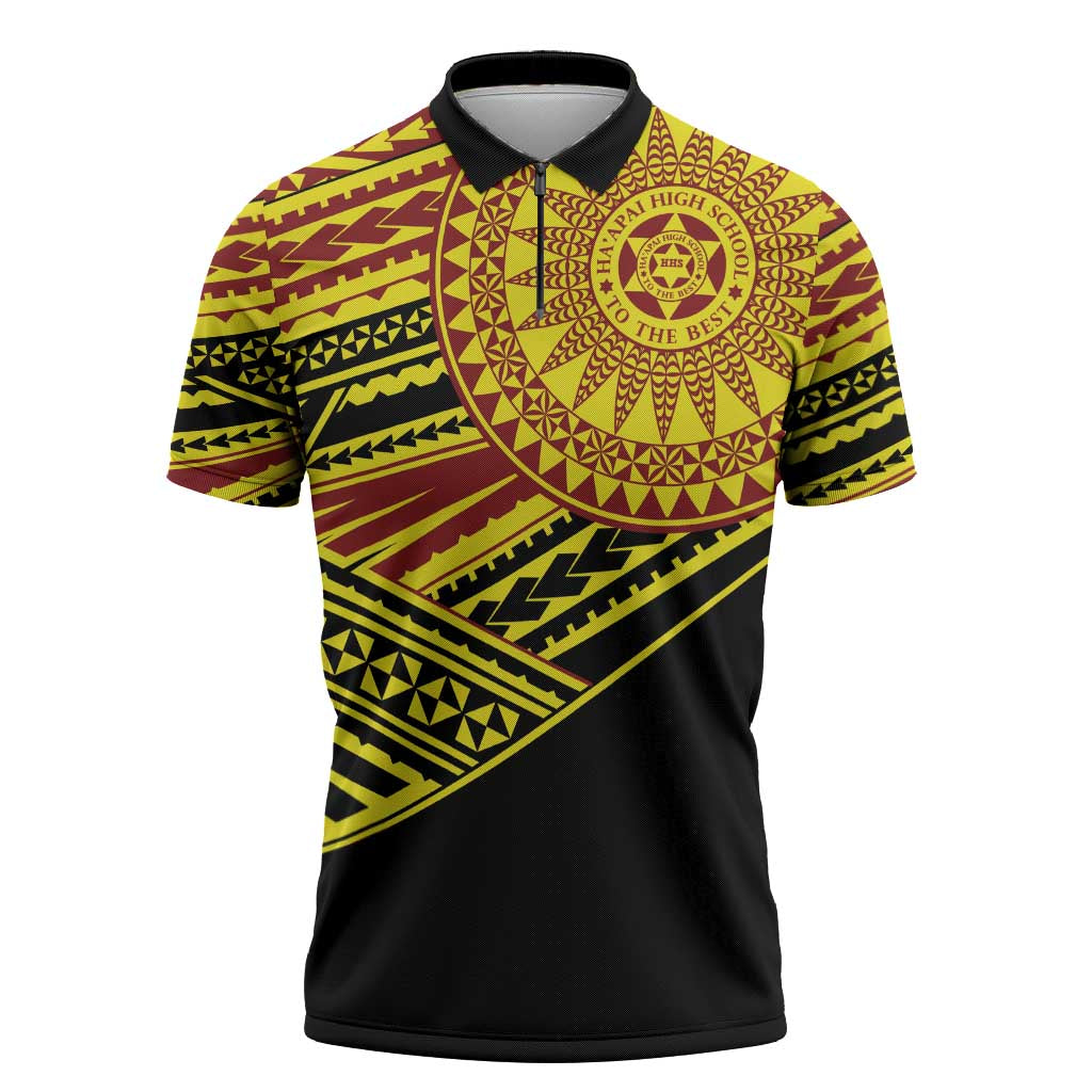 Personalised Tonga Ha apai High School Zipper Polo Shirt Ngatu Fonulei Pattern LT9 Gold - Polynesian Pride