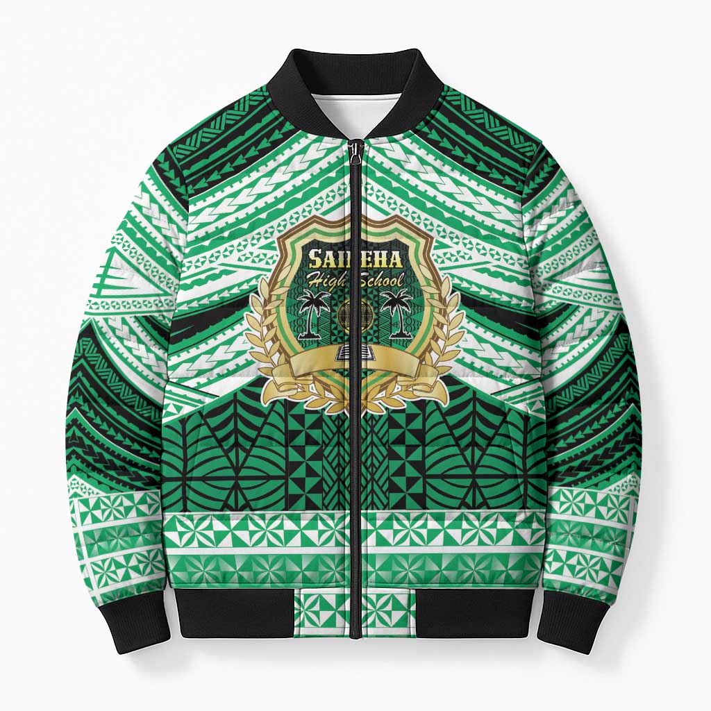 Personalised Tonga Saineha High School Bomber Puffer Jacket Polynesian Ngatu Tribal LT9 Unisex Green - Polynesian Pride