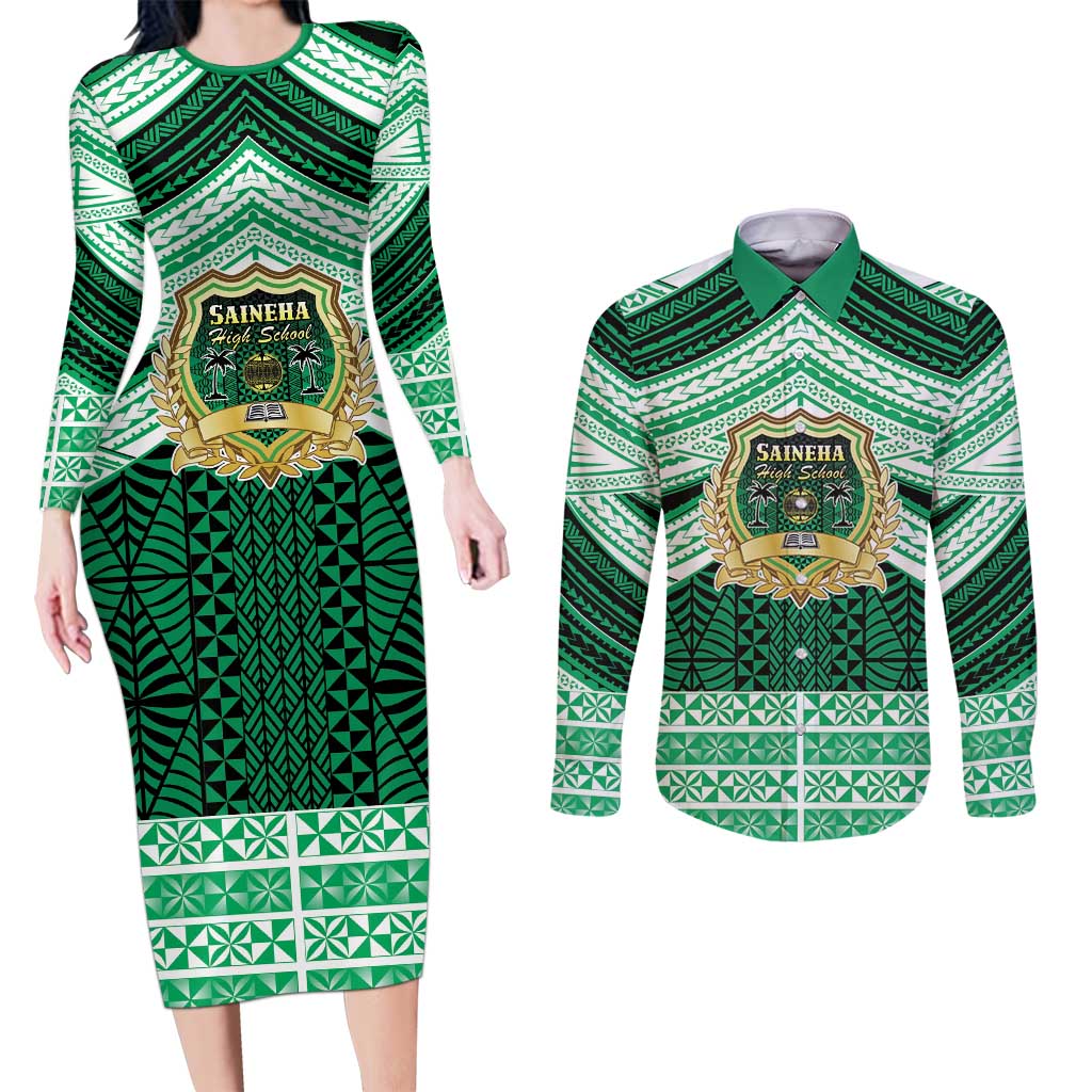 Personalised Tonga Saineha High School Couples Matching Long Sleeve Bodycon Dress and Long Sleeve Button Shirt Polynesian Ngatu Tribal LT9 Green - Polynesian Pride