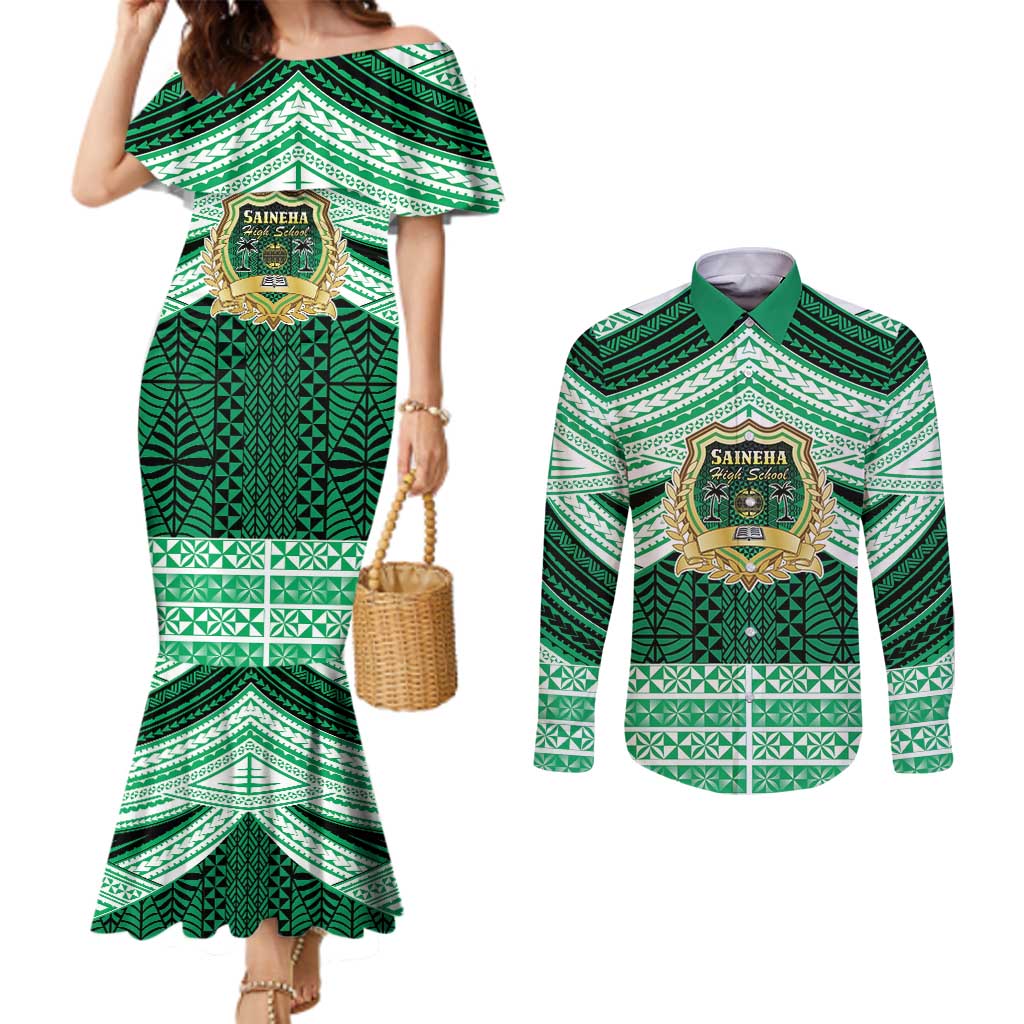 Personalised Tonga Saineha High School Couples Matching Mermaid Dress and Long Sleeve Button Shirt Polynesian Ngatu Tribal LT9 Green - Polynesian Pride