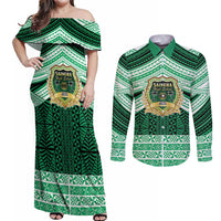Personalised Tonga Saineha High School Couples Matching Off Shoulder Maxi Dress and Long Sleeve Button Shirt Polynesian Ngatu Tribal