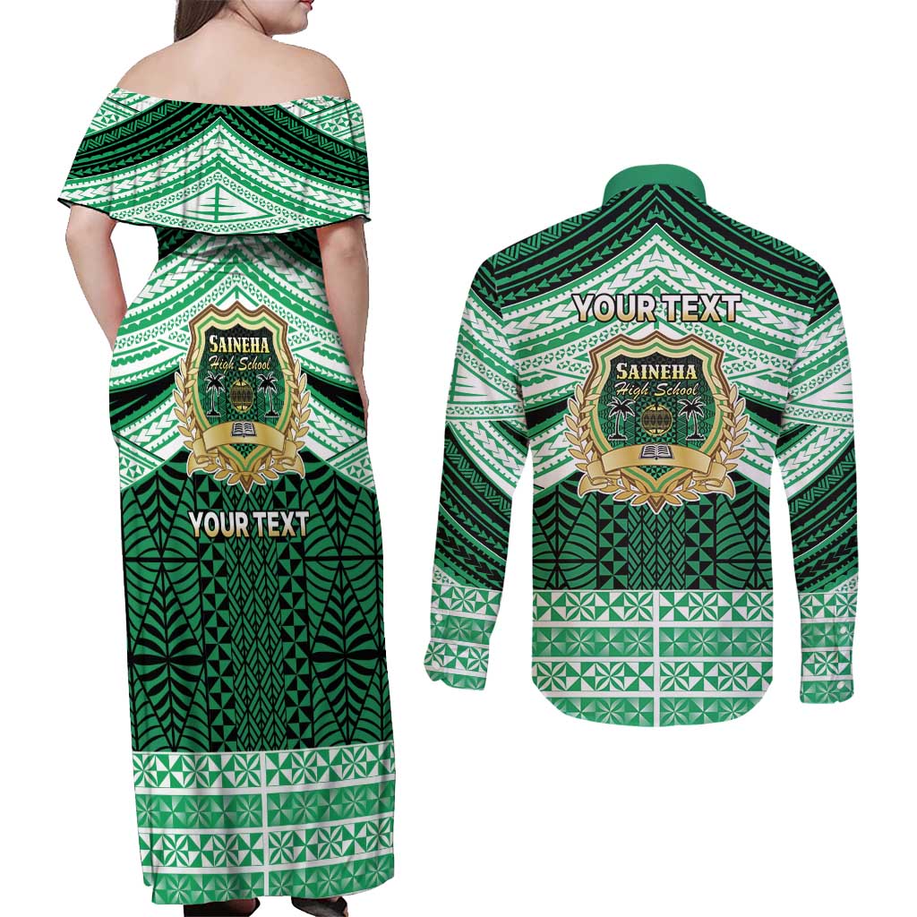 Personalised Tonga Saineha High School Couples Matching Off Shoulder Maxi Dress and Long Sleeve Button Shirt Polynesian Ngatu Tribal