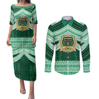 Personalised Tonga Saineha High School Couples Matching Puletasi and Long Sleeve Button Shirt Polynesian Ngatu Tribal LT9 Green - Polynesian Pride