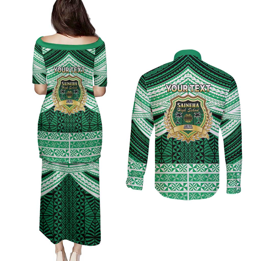 Personalised Tonga Saineha High School Couples Matching Puletasi and Long Sleeve Button Shirt Polynesian Ngatu Tribal LT9 - Polynesian Pride