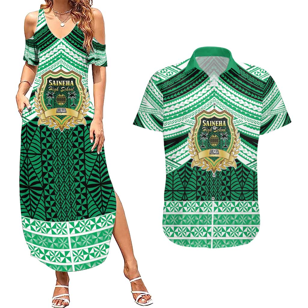 Personalised Tonga Saineha High School Couples Matching Summer Maxi Dress and Hawaiian Shirt Polynesian Ngatu Tribal LT9 Green - Polynesian Pride