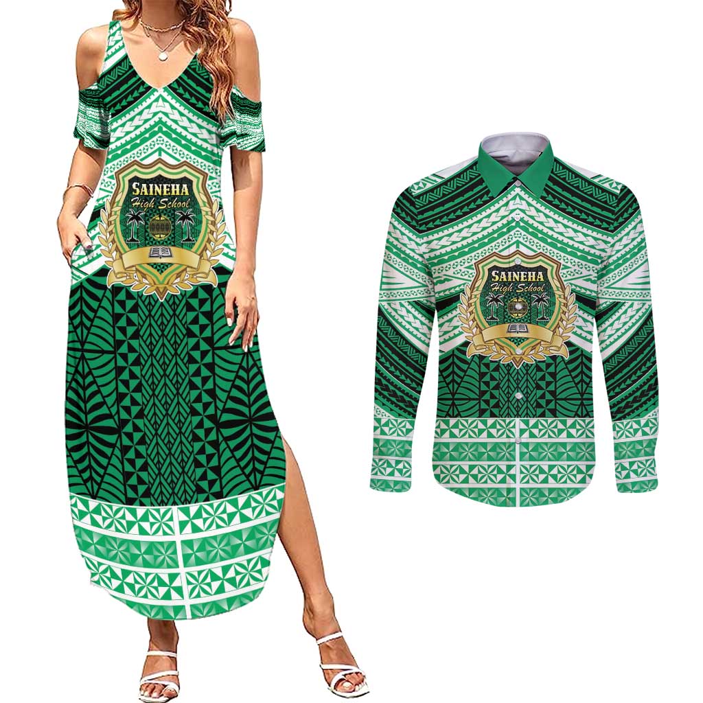Personalised Tonga Saineha High School Couples Matching Summer Maxi Dress and Long Sleeve Button Shirt Polynesian Ngatu Tribal LT9 Green - Polynesian Pride