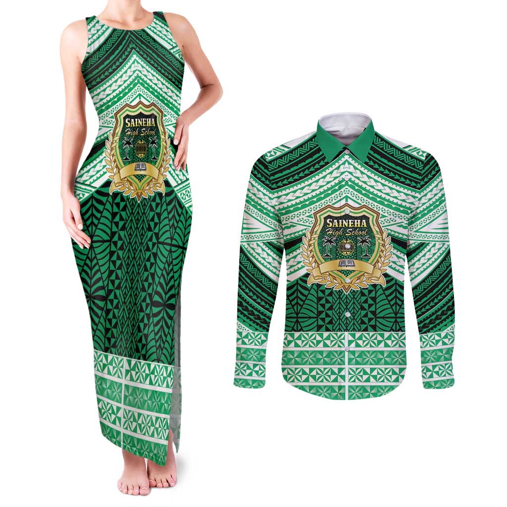 Personalised Tonga Saineha High School Couples Matching Tank Maxi Dress and Long Sleeve Button Shirt Polynesian Ngatu Tribal LT9 Green - Polynesian Pride
