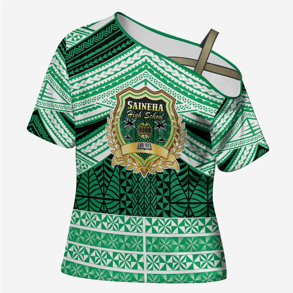Personalised Tonga Saineha High School Cross Shoulder Shirt Polynesian Ngatu Tribal LT9 Female Green - Polynesian Pride