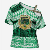 Personalised Tonga Saineha High School Cross Shoulder Shirt Polynesian Ngatu Tribal LT9 Female Green - Polynesian Pride