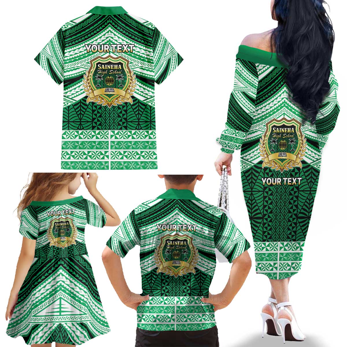 Personalised Tonga Saineha High School Family Matching Off The Shoulder Long Sleeve Dress and Hawaiian Shirt Polynesian Ngatu Tribal