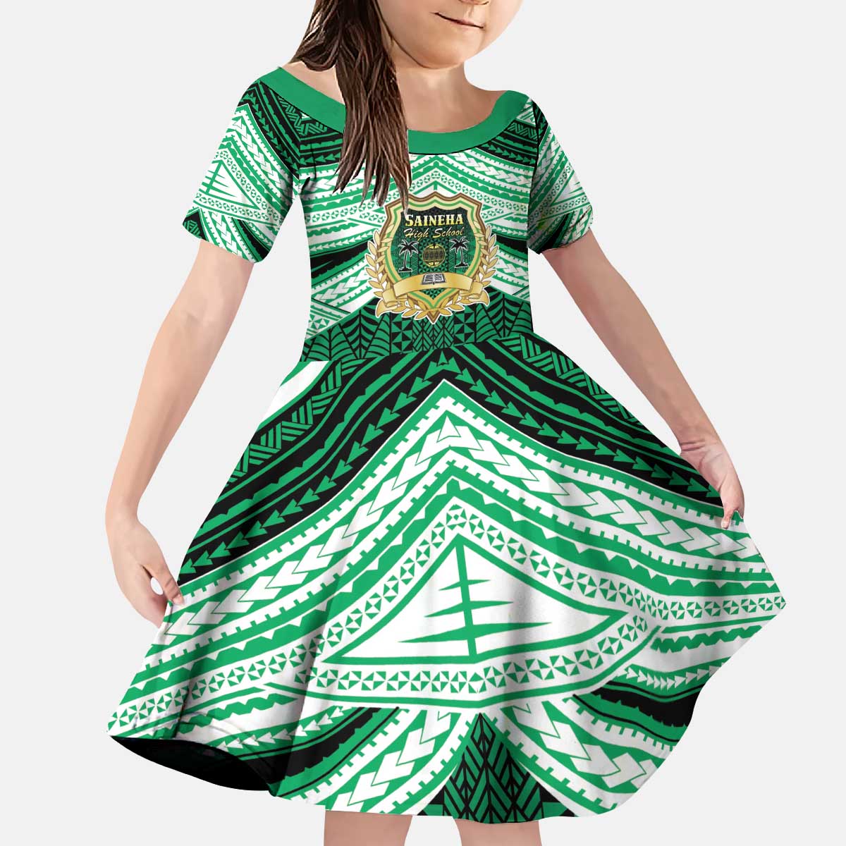 Personalised Tonga Saineha High School Kid Short Sleeve Dress Polynesian Ngatu Tribal LT9 KID Green - Polynesian Pride