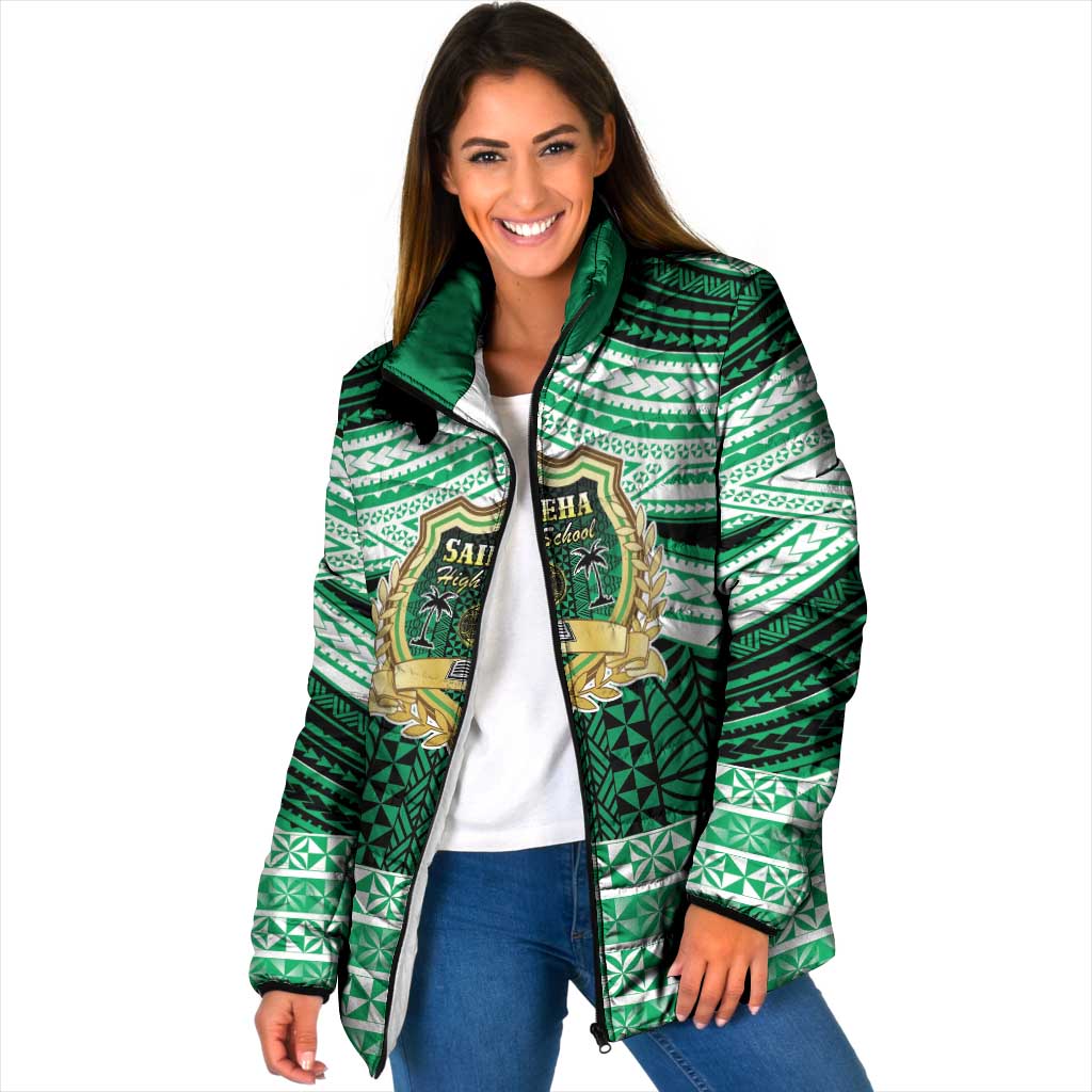 Personalised Tonga Saineha High School Padded Jacket Polynesian Ngatu Tribal LT9 Women Green - Polynesian Pride