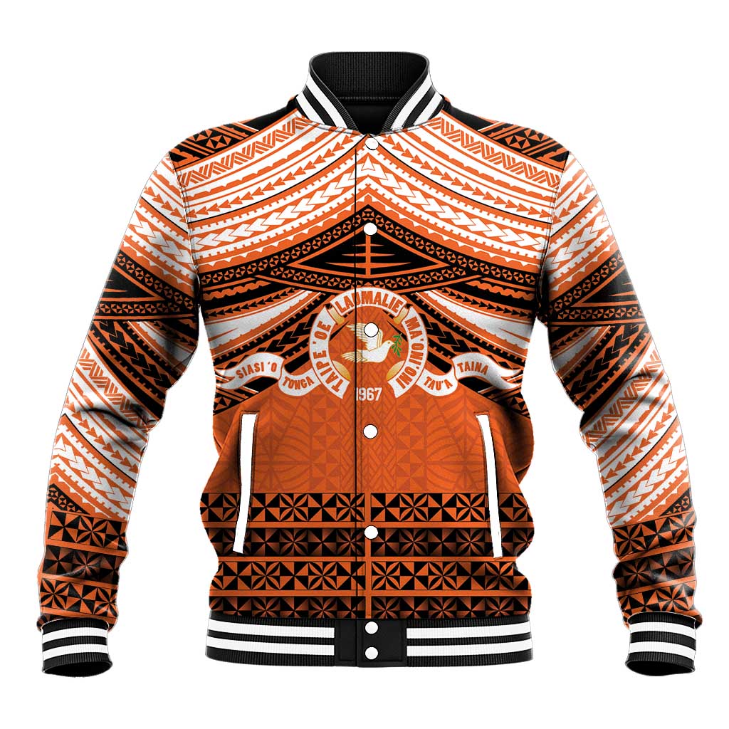Personalised Tonga Tailulu College Baseball Jacket Polynesian Ngatu Tribal LT9 Unisex Orange - Polynesian Pride