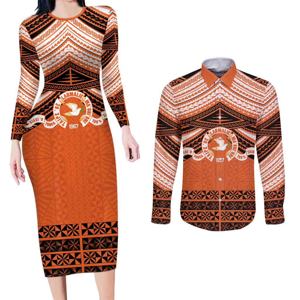 Personalised Tonga Tailulu College Couples Matching Long Sleeve Bodycon Dress and Long Sleeve Button Shirt Polynesian Ngatu Tribal LT9 Orange - Polynesian Pride