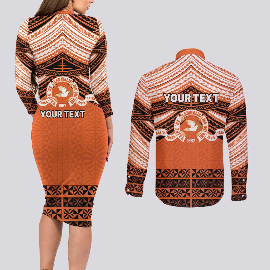 Personalised Tonga Tailulu College Couples Matching Long Sleeve Bodycon Dress and Long Sleeve Button Shirt Polynesian Ngatu Tribal LT9 - Polynesian Pride