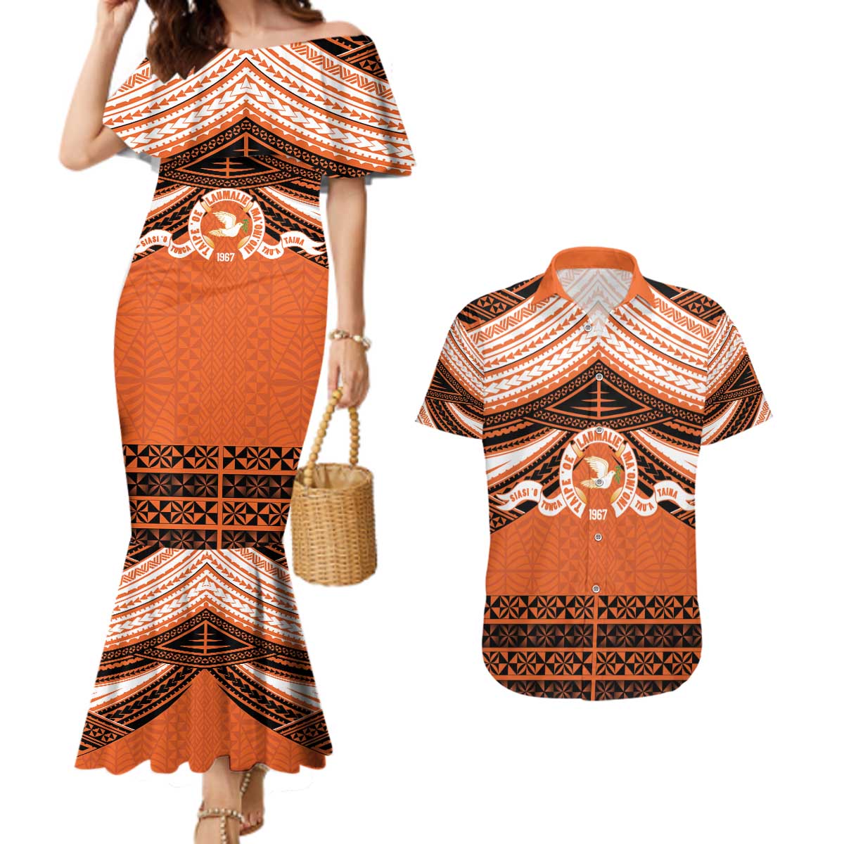 Personalised Tonga Tailulu College Couples Matching Mermaid Dress and Hawaiian Shirt Polynesian Ngatu Tribal LT9 Orange - Polynesian Pride