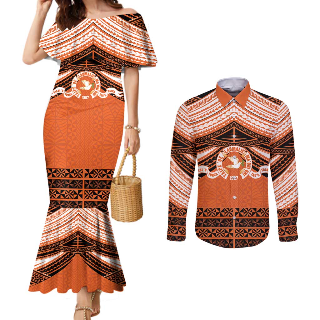 Personalised Tonga Tailulu College Couples Matching Mermaid Dress and Long Sleeve Button Shirt Polynesian Ngatu Tribal LT9 Orange - Polynesian Pride
