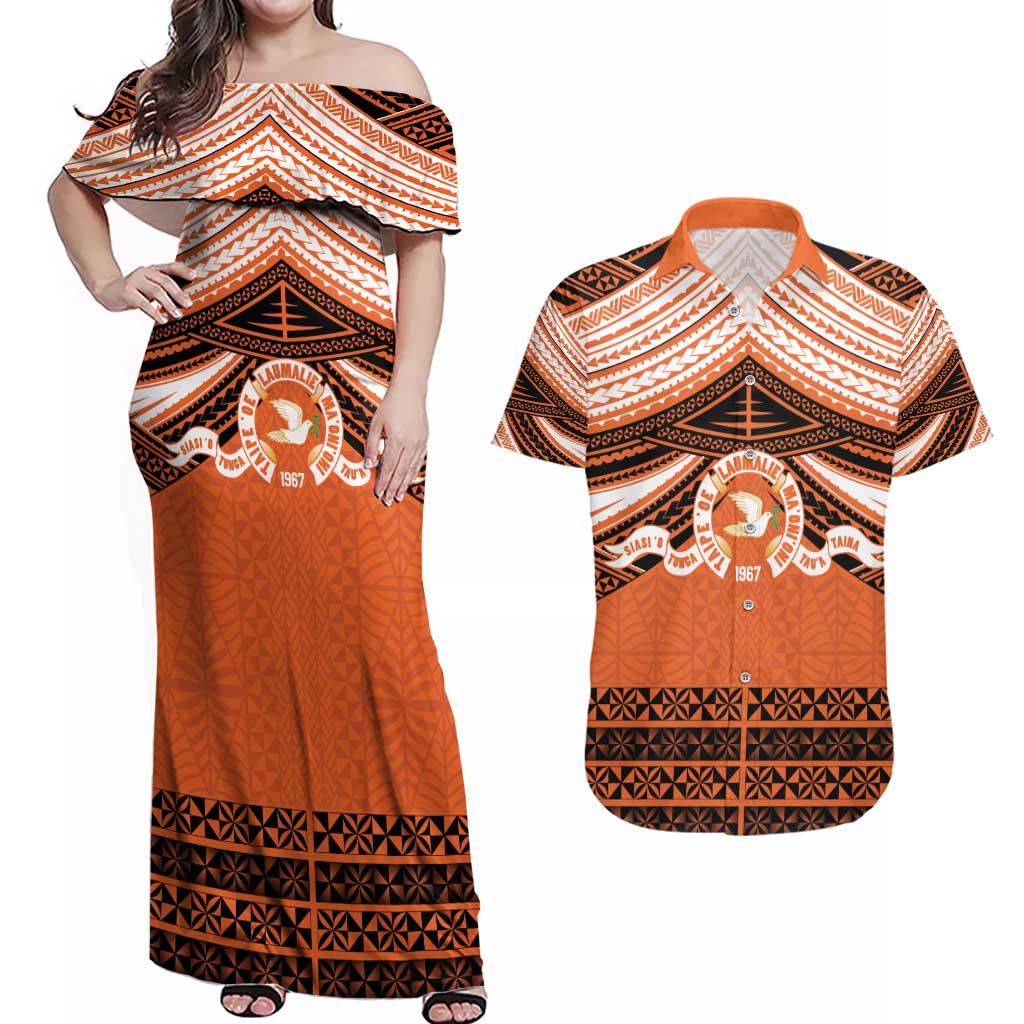 Personalised Tonga Tailulu College Couples Matching Off Shoulder Maxi Dress and Hawaiian Shirt Polynesian Ngatu Tribal
