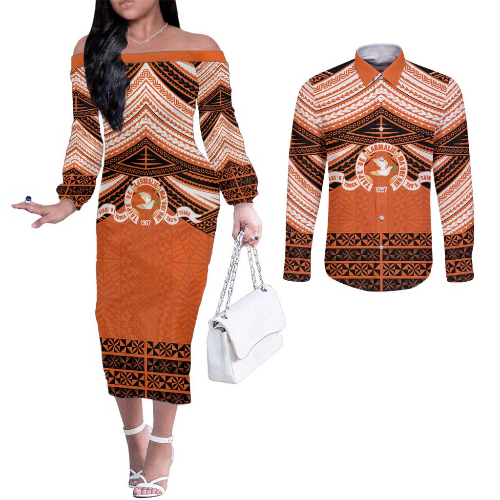 Personalised Tonga Tailulu College Couples Matching Off The Shoulder Long Sleeve Dress and Long Sleeve Button Shirt Polynesian Ngatu Tribal LT9 Orange - Polynesian Pride