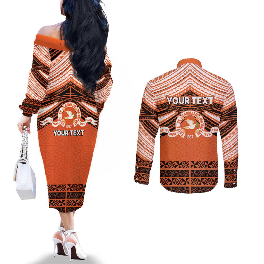 Personalised Tonga Tailulu College Couples Matching Off The Shoulder Long Sleeve Dress and Long Sleeve Button Shirt Polynesian Ngatu Tribal LT9 - Polynesian Pride