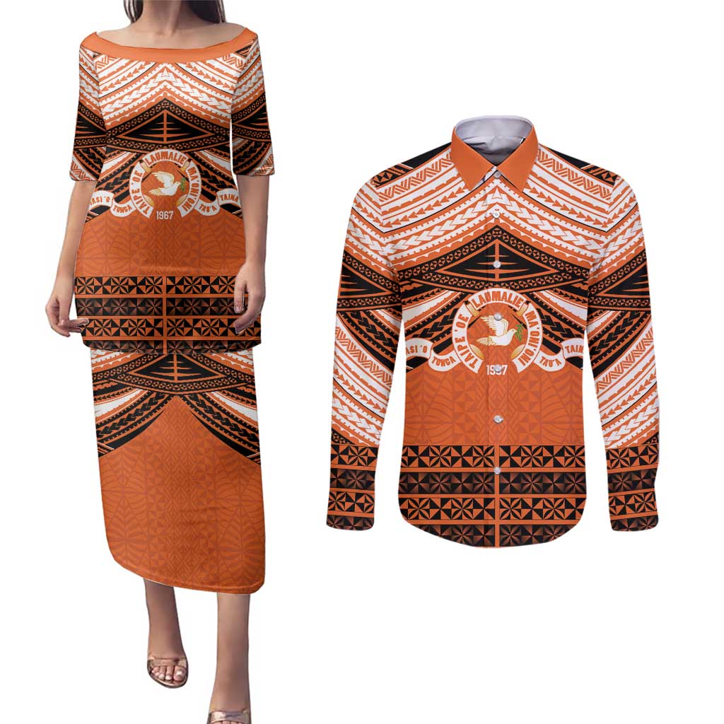 Personalised Tonga Tailulu College Couples Matching Puletasi and Long Sleeve Button Shirt Polynesian Ngatu Tribal LT9 Orange - Polynesian Pride