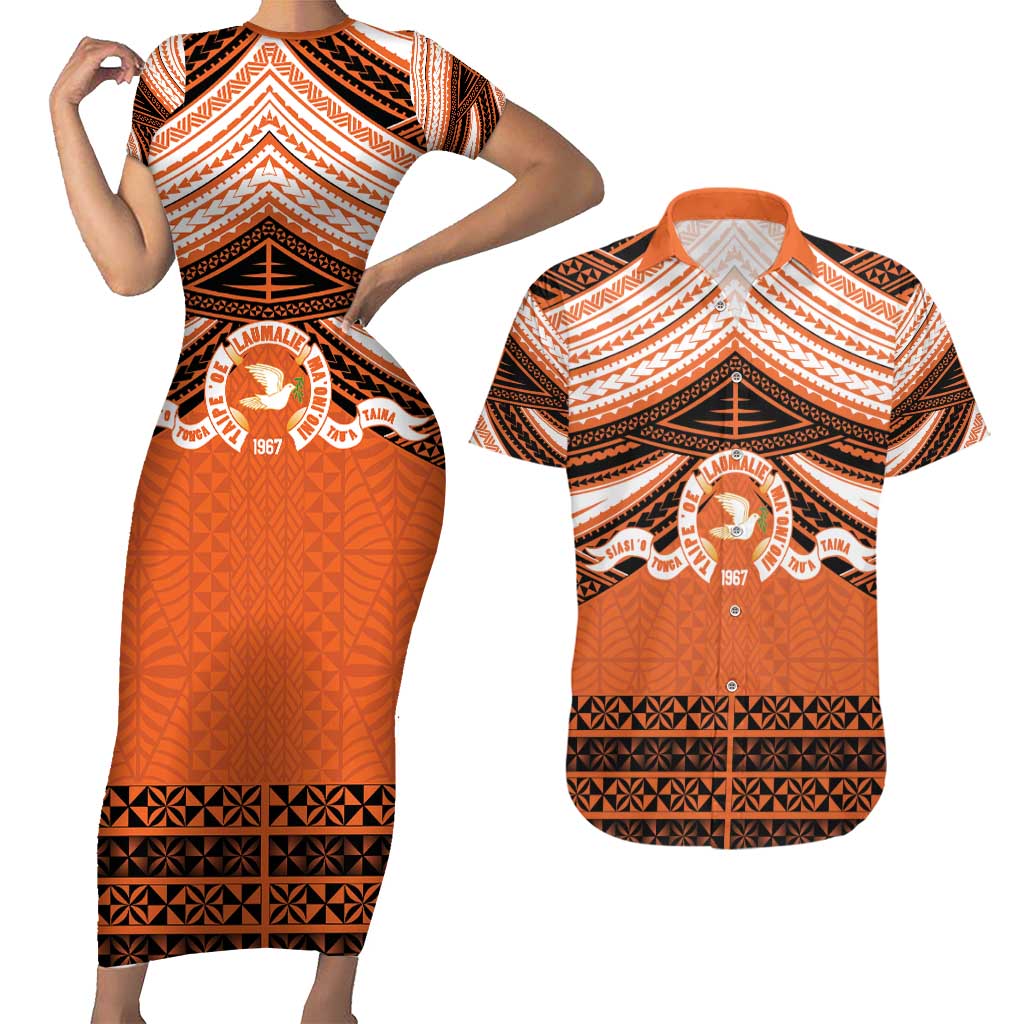 Personalised Tonga Tailulu College Couples Matching Short Sleeve Bodycon Dress and Hawaiian Shirt Polynesian Ngatu Tribal LT9 Orange - Polynesian Pride