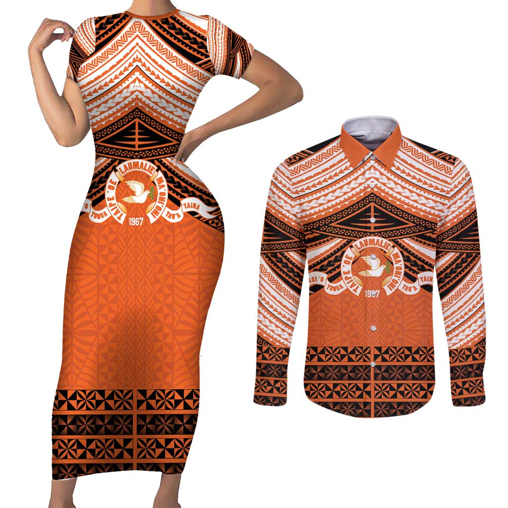 Personalised Tonga Tailulu College Couples Matching Short Sleeve Bodycon Dress and Long Sleeve Button Shirt Polynesian Ngatu Tribal LT9 Orange - Polynesian Pride