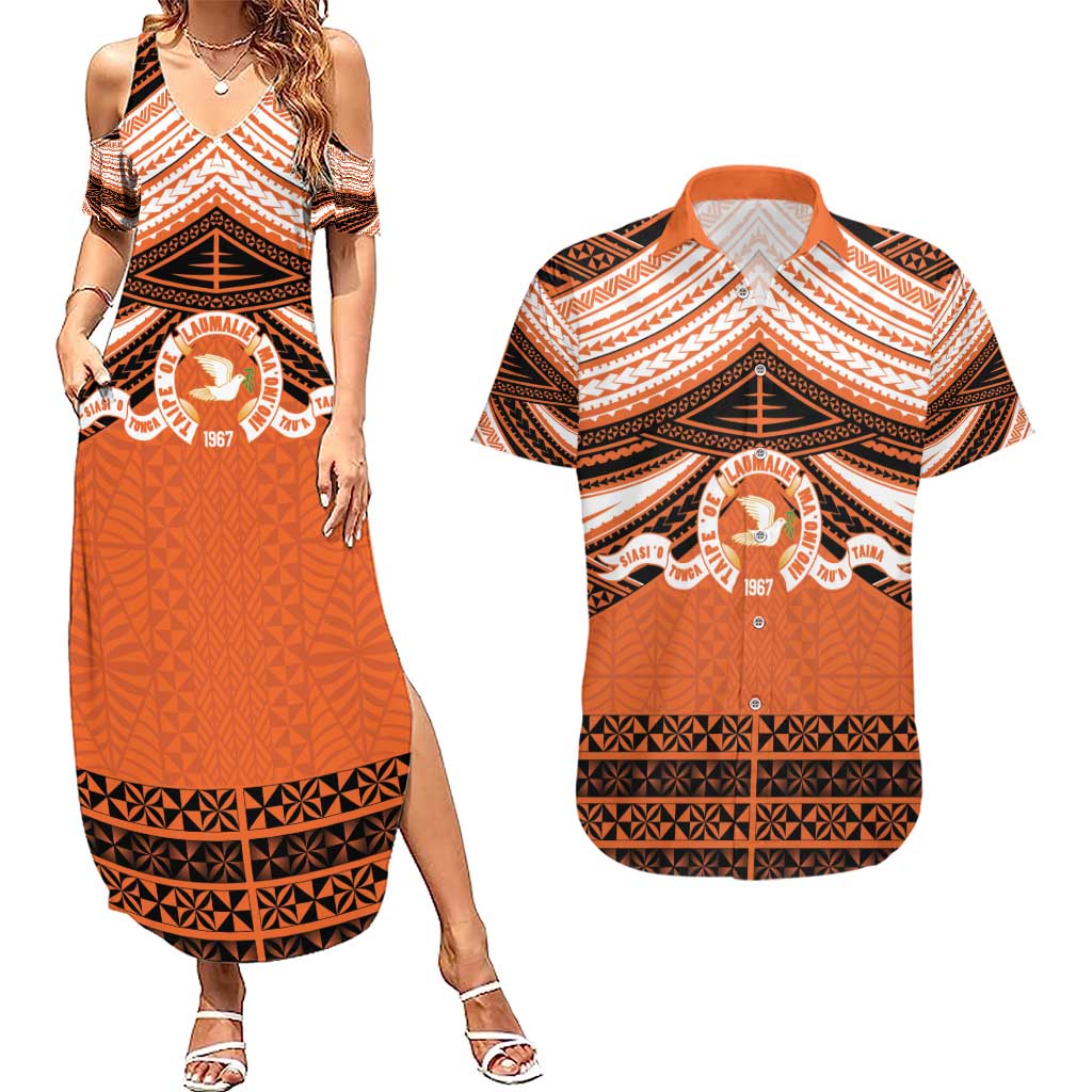 Personalised Tonga Tailulu College Couples Matching Summer Maxi Dress and Hawaiian Shirt Polynesian Ngatu Tribal LT9 Orange - Polynesian Pride