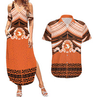 Personalised Tonga Tailulu College Couples Matching Summer Maxi Dress and Hawaiian Shirt Polynesian Ngatu Tribal LT9 Orange - Polynesian Pride